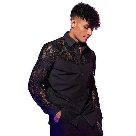 Men's lace-patchwork long-sleeve shirt, featuring a stylish statement design and textured lace details