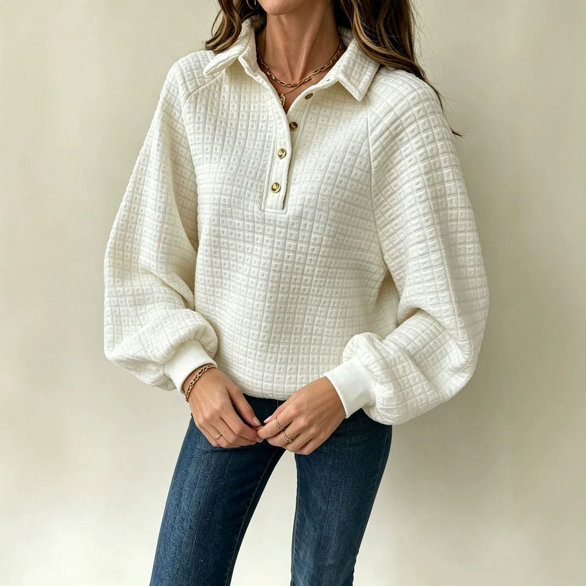 Women's textured pullover sweatshirt with turn-down collar, front view