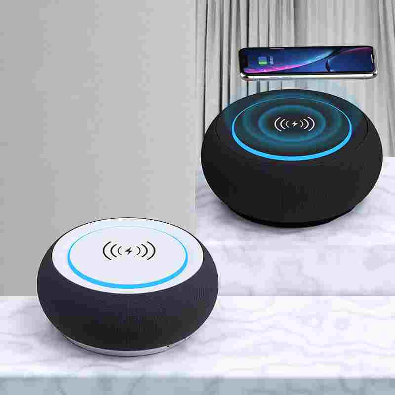 Wireless Bluetooth speaker with loud volume, subwoofer, and dual speakers; compact black design