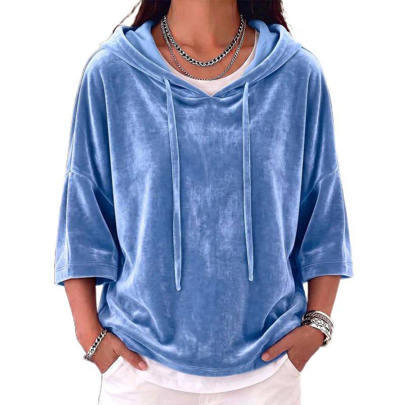 Solid-color drawstring three-quarter-sleeve velvet hoodie in a soft, casual design