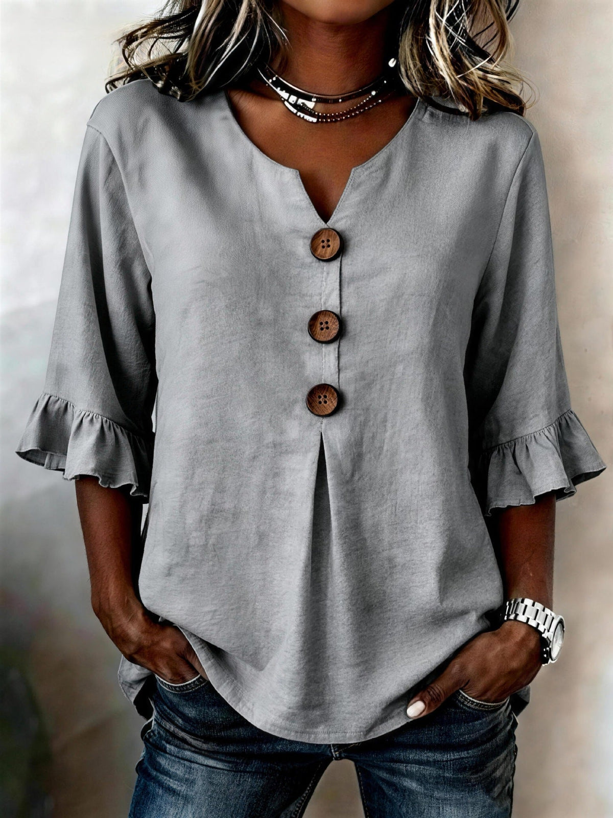 Women's V-neck cotton linen button-up shirt, solid color, short sleeves, button design