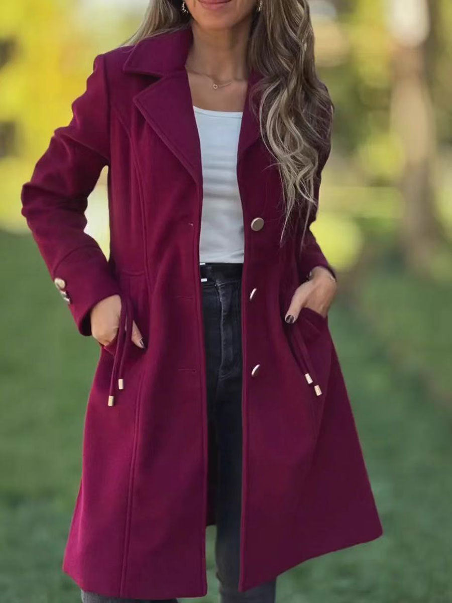 Women's solid-color mid-length wool coat with drawstring and pockets, My Store