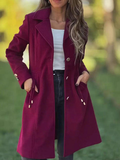 Women's solid-color mid-length wool coat with drawstring and pockets, My Store