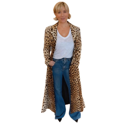 Leopard-print loose blazer-style cardigan long trench coat for women
