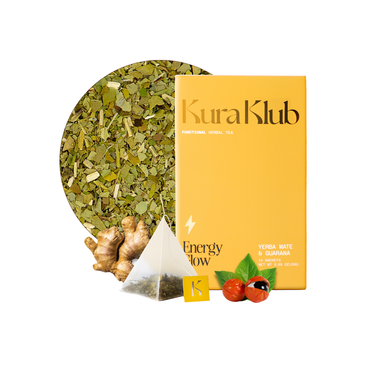 Kura Klub Yerba Mate and Guarana tea in a clear glass cup, showing the brewed herbal tea with fresh leaves and vibrant color.