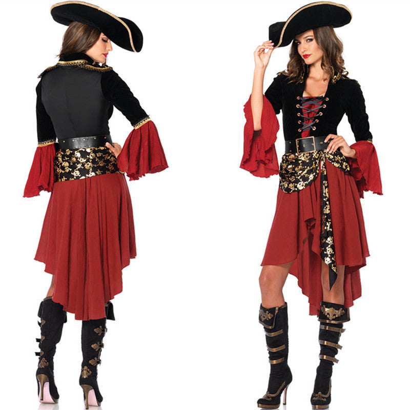 Women's pirate Halloween costume with pirate-inspired outfit and accessories laid out for display