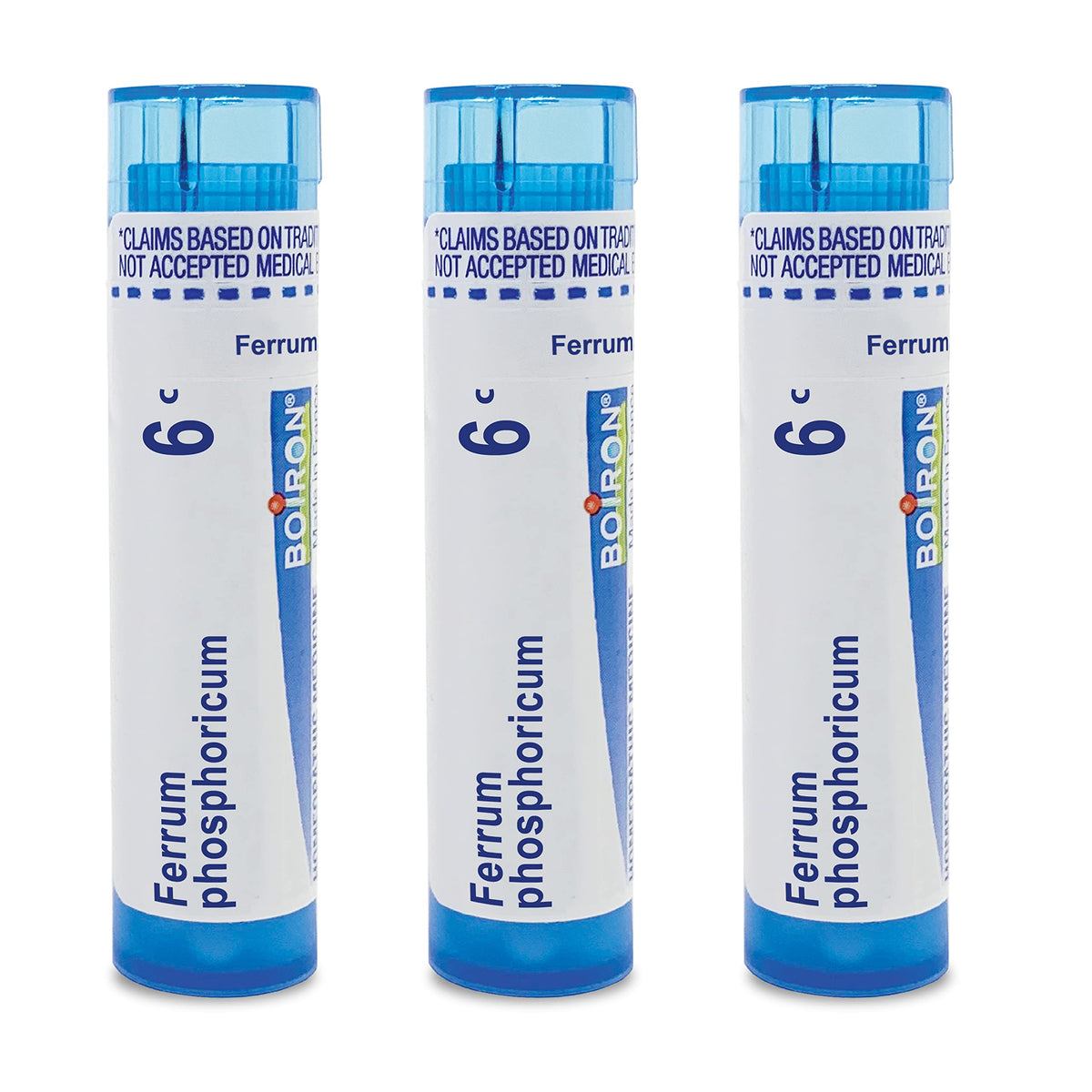 Boiron Ferrum Phosphoricum 6C homeopathic remedy for cold and flu relief, shown in a 3-pack package on a white background.