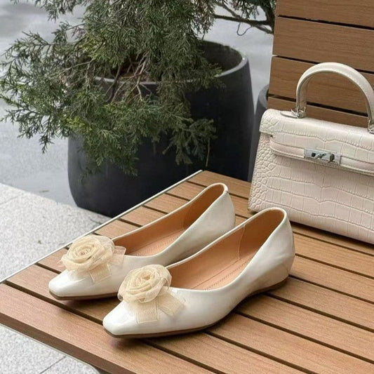Women's patent leather square toe flats with 3D mesh rose detail, French-style slip-on ballet shoes