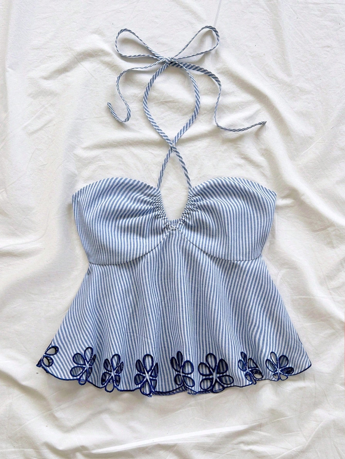 One-shoulder backless striped tie-top with adjustable strap and open back