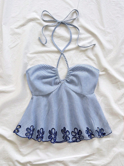 One-shoulder backless striped tie-top with adjustable strap and open back