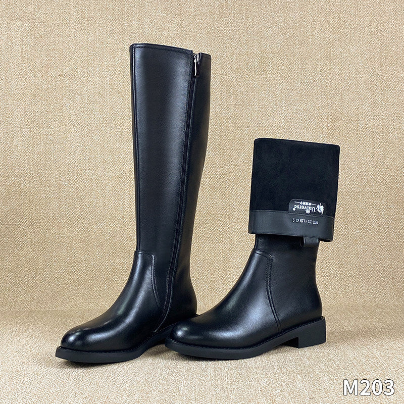 Genuine leather biker boots, tall fleece-lined design for petite women by My Store