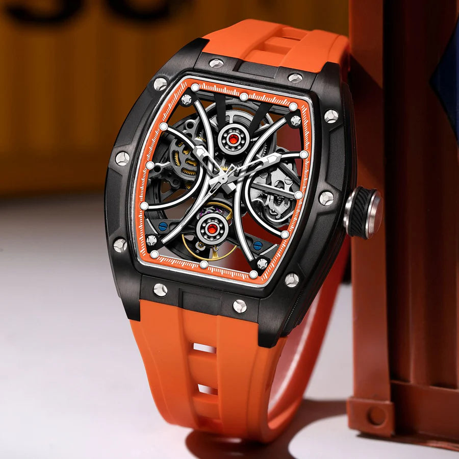 Waterproof luminous barrel men’s watch with a dark dial and glowing hour markers