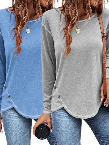 Women's solid button irregular edge T-shirt in European and American style