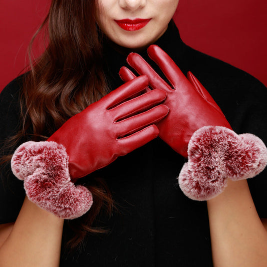 Women's winter leather touchscreen gloves with wide U-shaped cuff