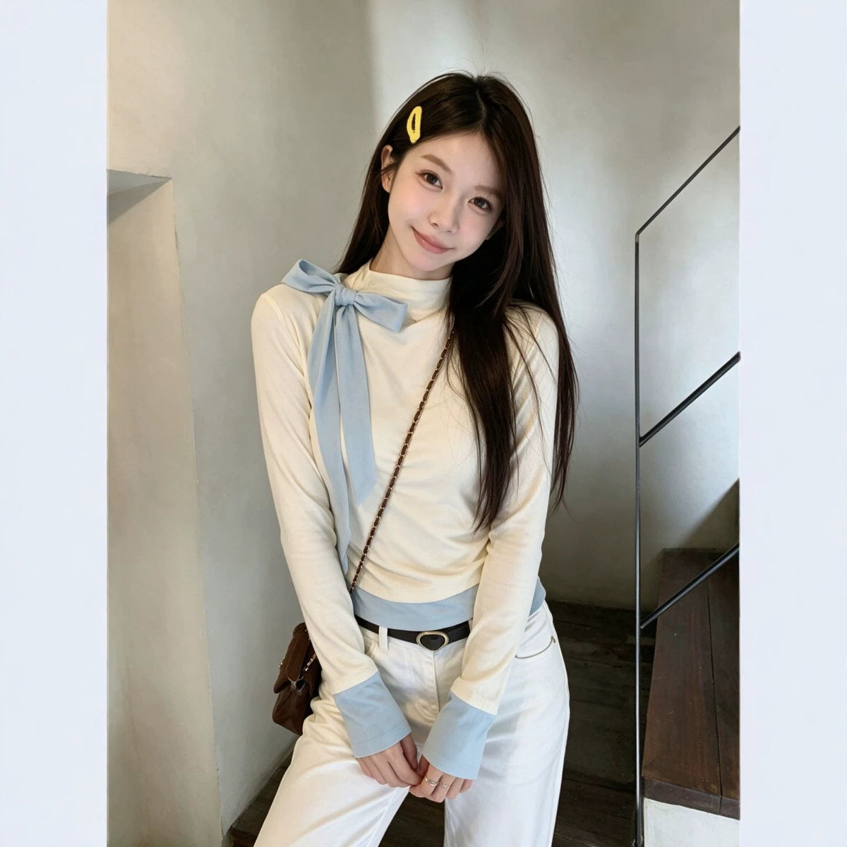 Light blue women’s long-sleeved blouse with a bow detail by My Store