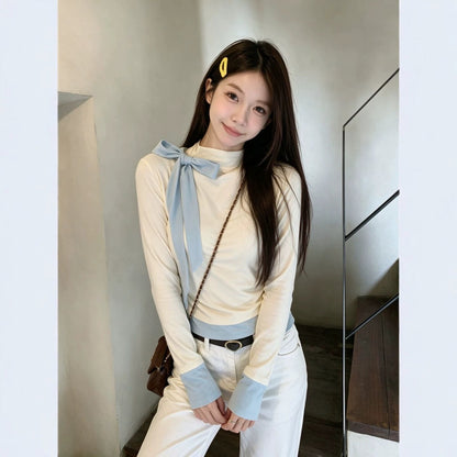 Light blue women’s long-sleeved blouse with a bow detail by My Store