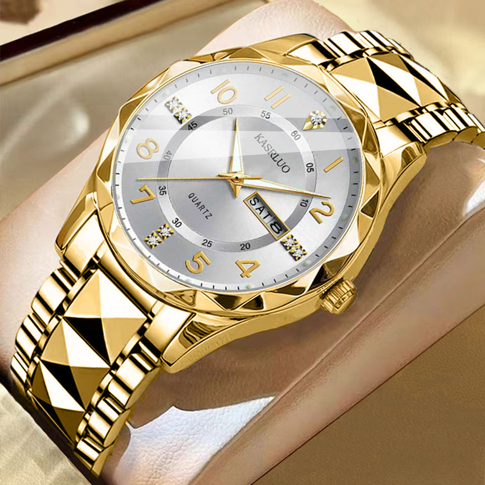 Men's dual calendar waterproof luminous quartz watch with dark dial and stainless steel band