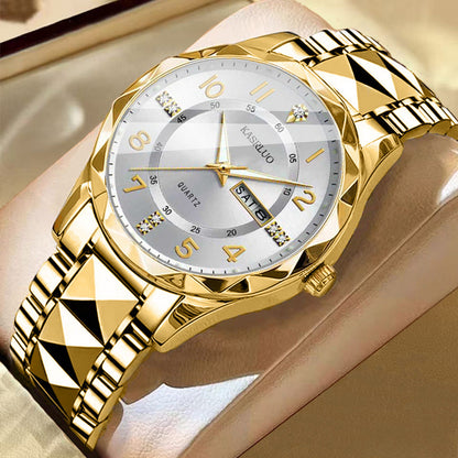 Men's dual calendar waterproof luminous quartz watch with dark dial and stainless steel band