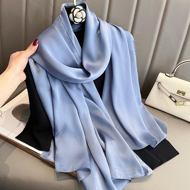 Solid-color Korean-style silk beach scarf for women, lightweight summer sun protection accessory
