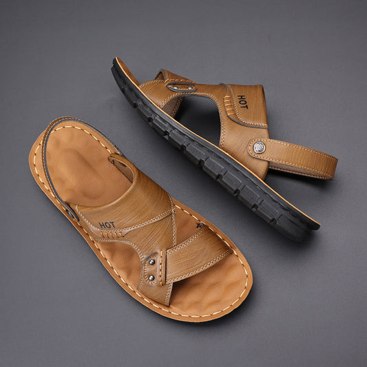 Men's genuine soft leather dual-wear sandals with anti-slip soft sole for beach and casual summer wear