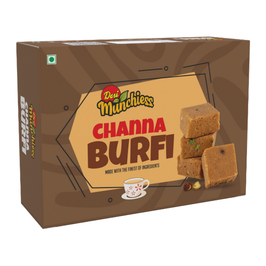 Desimunchiess Chana Burfi sweet in 400g pack, close-up of golden brown Indian dessert with crumbly texture.