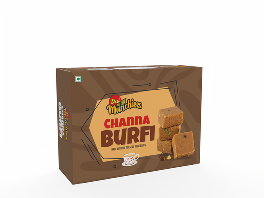Desimunchiess Chana Burfi sweet in a 400g pack, showcasing golden brown Indian delicacy with a textured surface and traditional appearance.