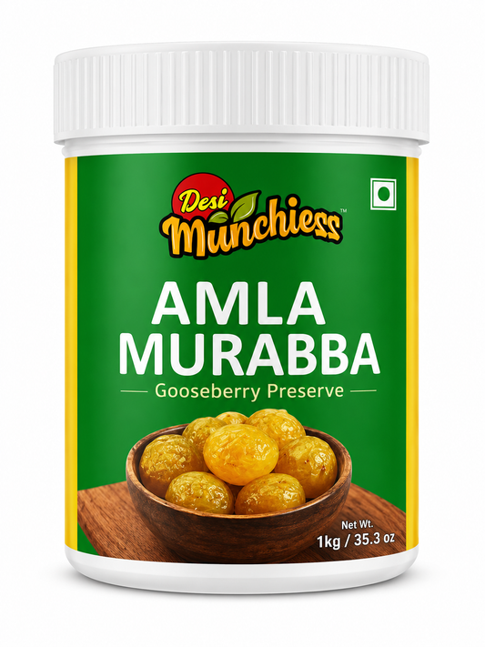 Amla Muraba snack from Desimunchiess in a 1kg package, featuring bright, tangy preserved Indian amla slices.