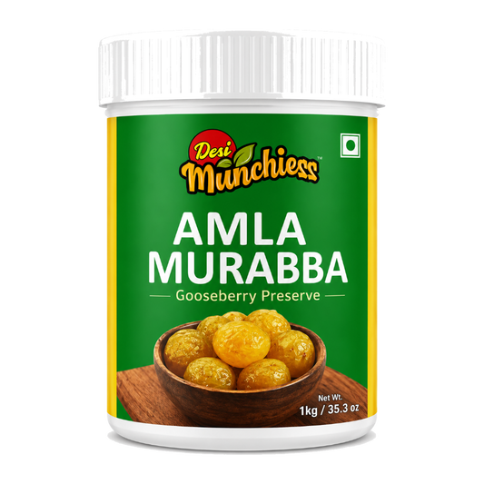 Amla Muraba snack by Desimunchiess, 1kg pack, showcasing vibrant, glossy Indian gooseberry candy ready for snacking.