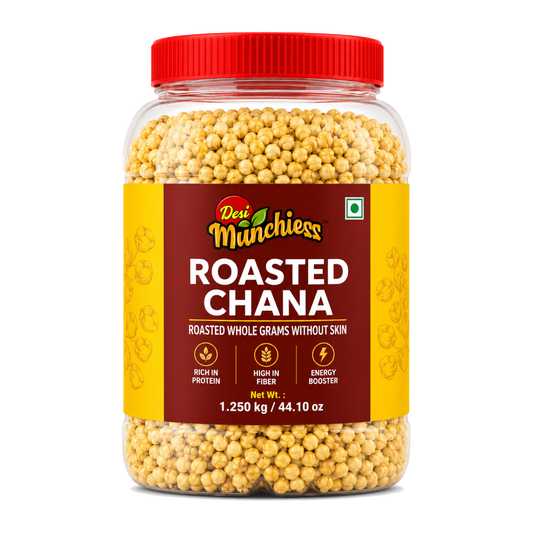 Roasted Desimunchiess Chana snack in a 1.25kg bag, without skin, showing crispy, golden roasted chickpeas for healthy snacking.