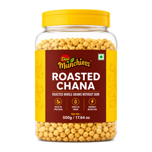 Roasted Desimunchiess Chana snack in 500g pack, without skin, showing crispy, golden roasted chickpeas in a bowl.