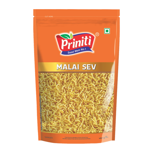 Priniti Malai Sev in 400g pack, crispy Indian snack by Desimunchiess, showcasing golden, crunchy sev strands on a white background.