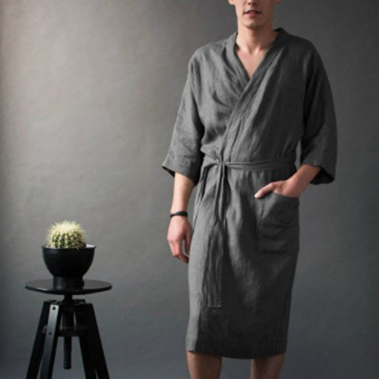 Men's and women's solid color linen pajama robe bathrobe by My Store