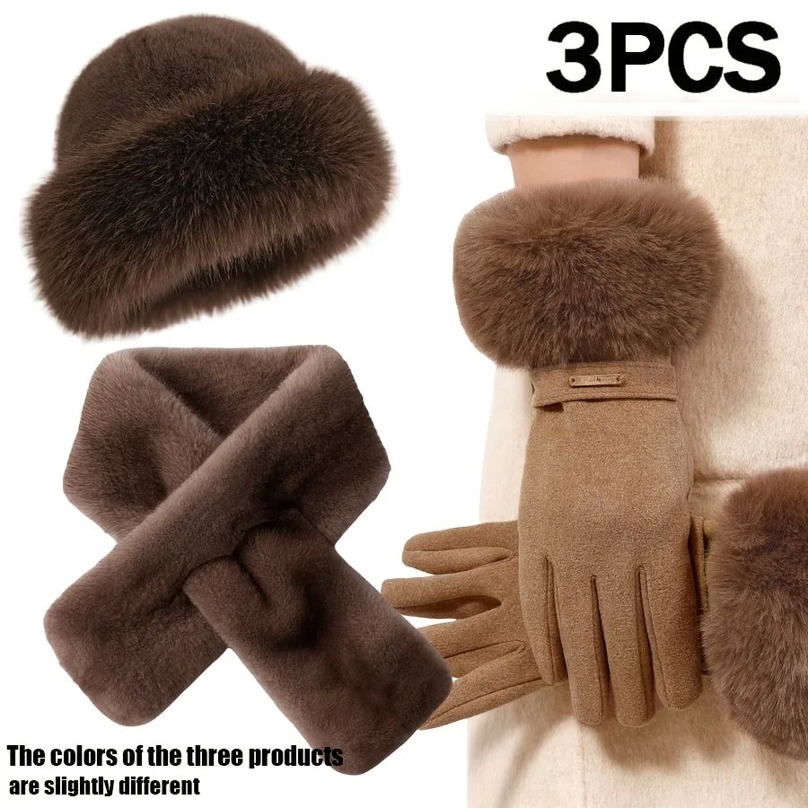 Three-piece winter warm glove set in assorted colors with soft insulated fabric and ribbed cuffs