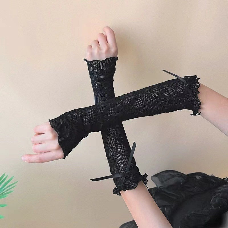 Women's minimalist bow lace sunscreen sleeves, lightweight arm covers with decorative lace bow detail