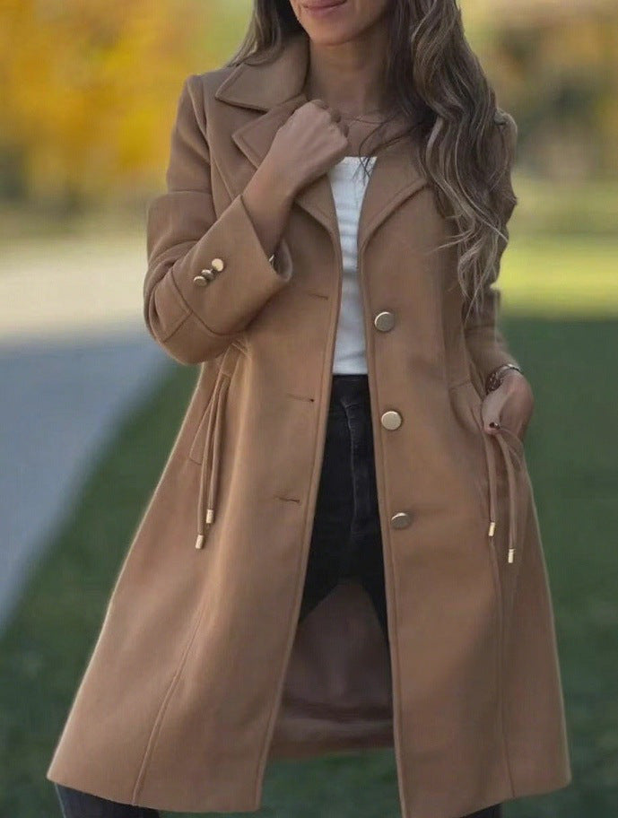 Women's solid-color mid-length wool coat with drawstring waist and pockets, front view