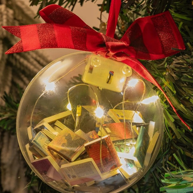 Christmas decoration ball pendant with festive books design, hanging ornament in red and green tones