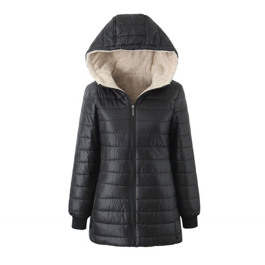 Women's warm hooded fleece-lined coat in a solid color with front closure