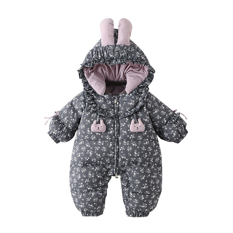 Baby girl winter down coveralls in pink, full-body insulated clothing with hood by My Store