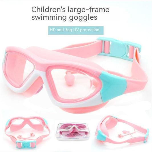 Children's non-fogging swimming goggles with comfortable silicone one-piece design and integrated earplugs