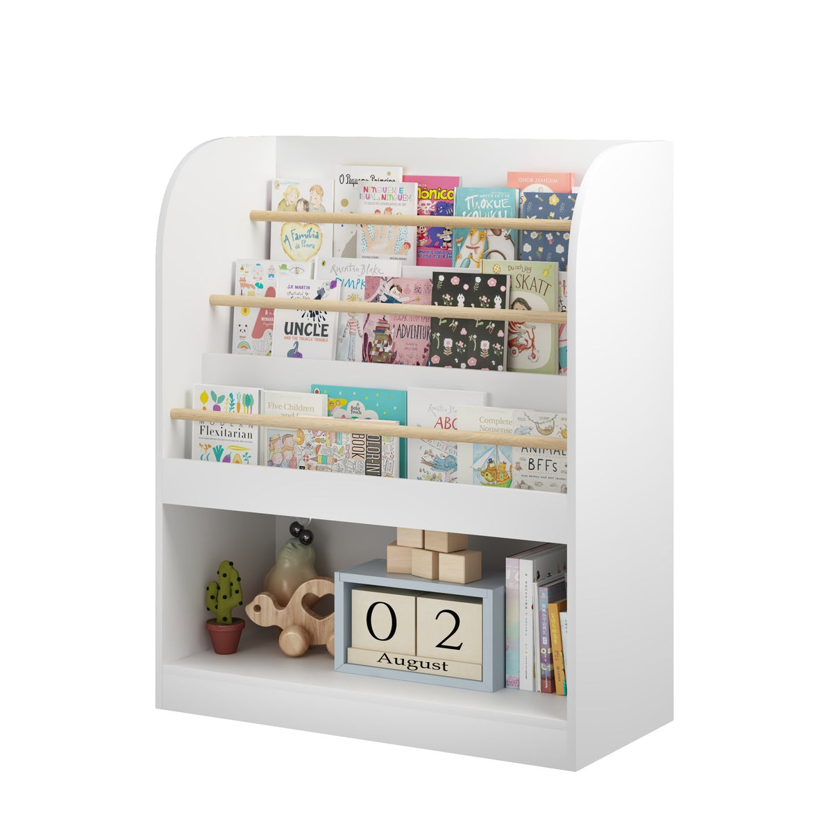 Kids bookshelf by GBruno Store with three-tier front-facing display and toy storage, featuring colorful shelves and accessible design.