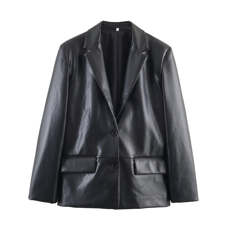Women’s straight leather-effect blazer in a fashion-forward temperament style