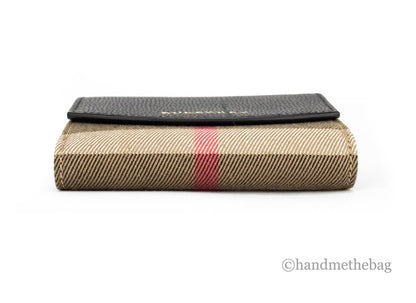 Black leather Burberry Luna coin pouch with house check pattern, compact wallet designed for coins and small essentials.