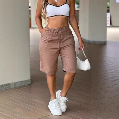 Women's casual solid-color drawstring shorts by My Store on a plain background