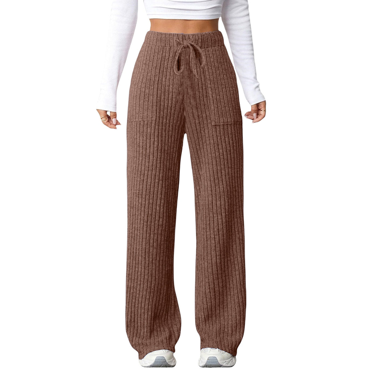 Women's solid-color ribbed pocket casual pants with elastic waistband and relaxed fit