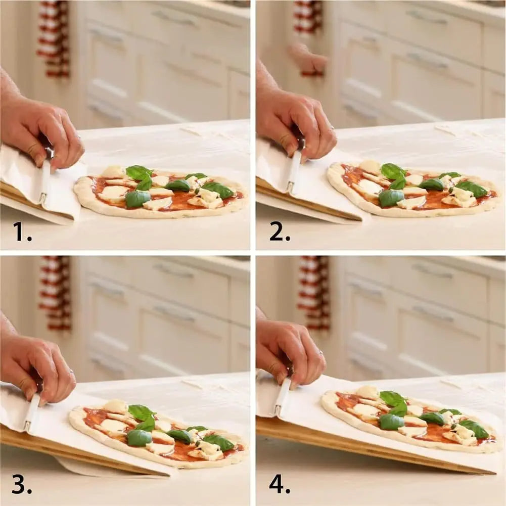 Sliding pizza shovel with non-stick smooth cutting board for transferring and storing pizza, kitchen baking tool