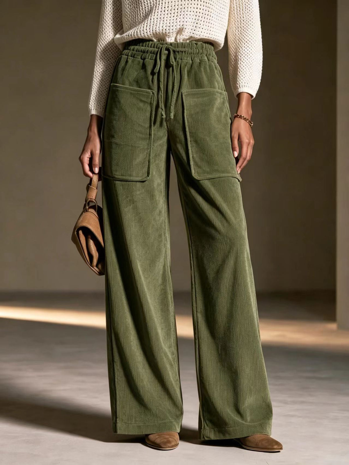 Women's high-waisted drawstring corduroy wide-leg pants in a relaxed fit