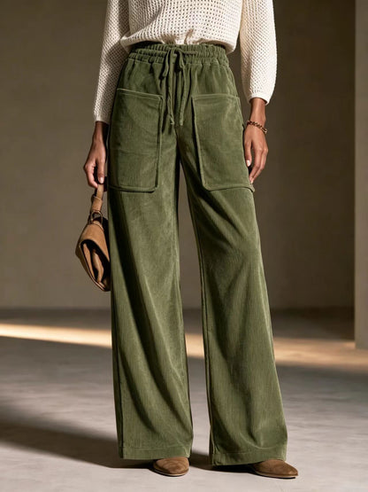 Women's high-waisted drawstring corduroy wide-leg pants in a relaxed fit