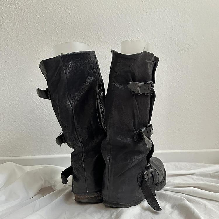 Women’s retro pleated mid-calf boots with leather buckle detail, My Store brand