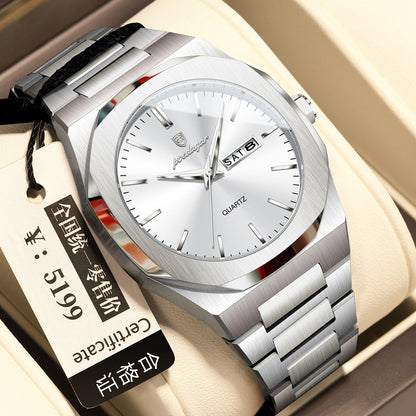 Men's waterproof luminous quartz watch with dark round dial and stainless steel strap