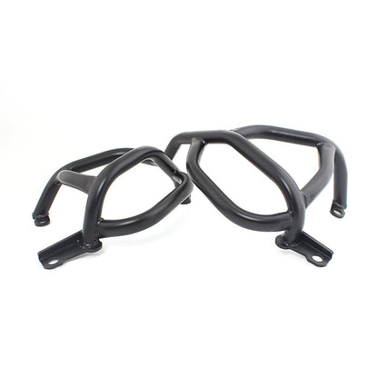 Modified motorcycle engine guard bar mounted on a motorcycle frame, black protective crash bar close-up